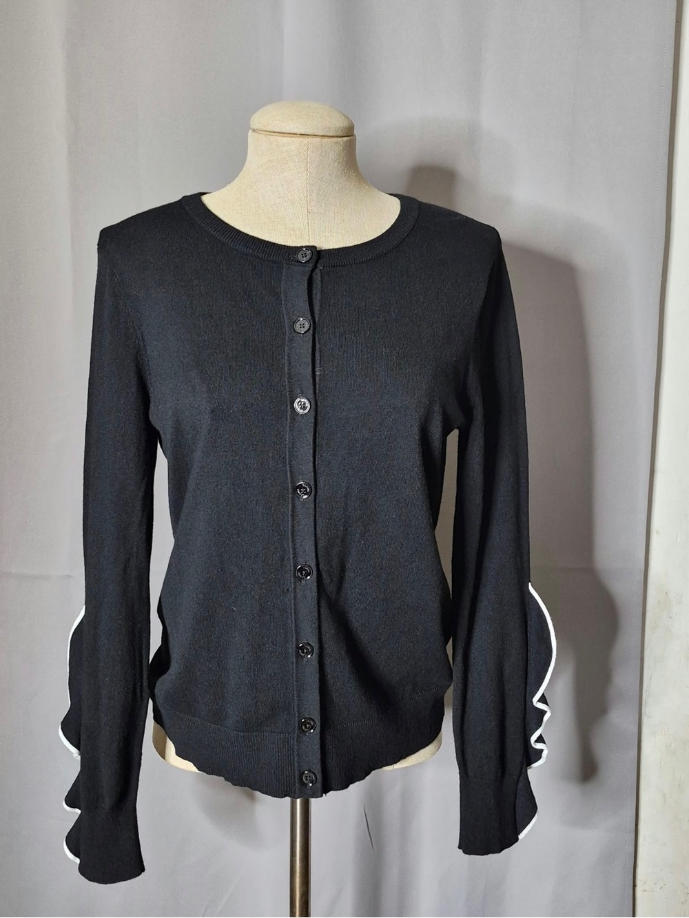 Isaac Mizrahi Black Cardigan with White Ruffle Trim